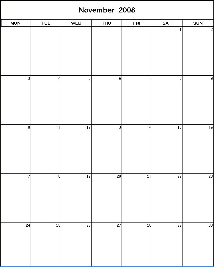printable blank calendar image for November 2008