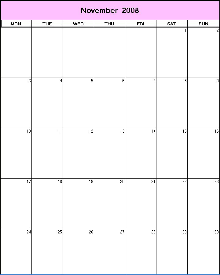 printable blank calendar image for November 2008