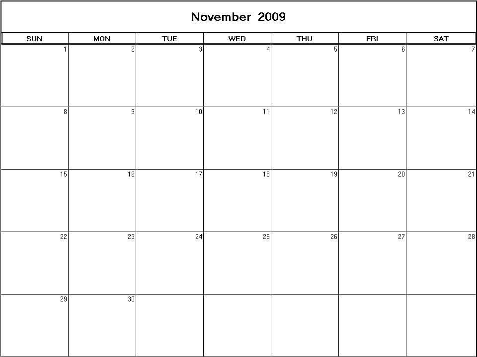 printable blank calendar image for November 2009