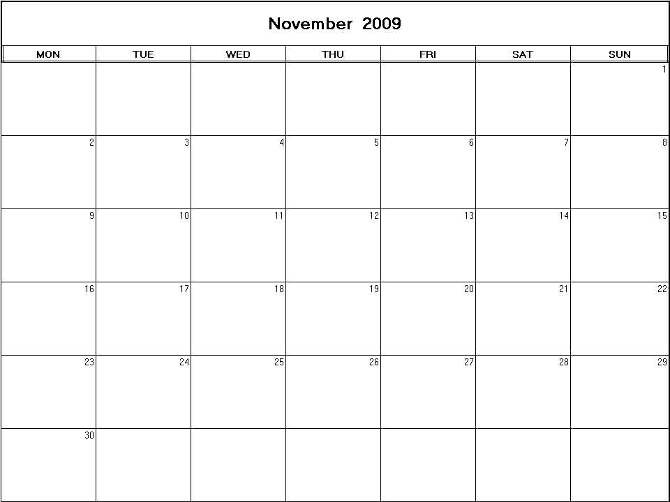 printable blank calendar image for November 2009