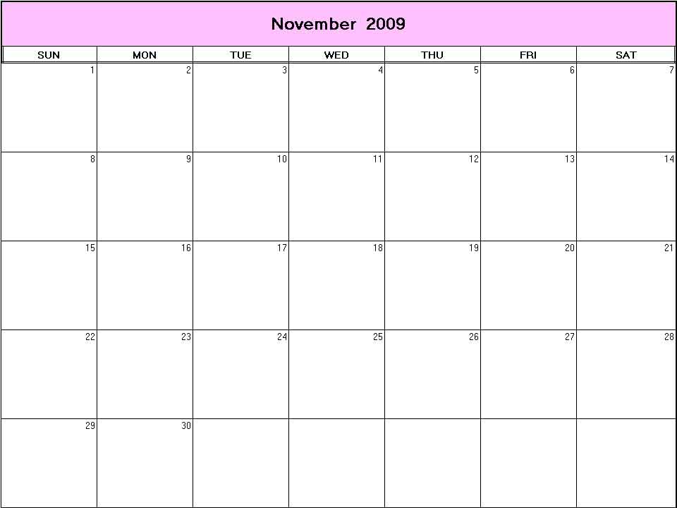printable blank calendar image for November 2009