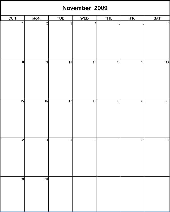 printable blank calendar image for November 2009