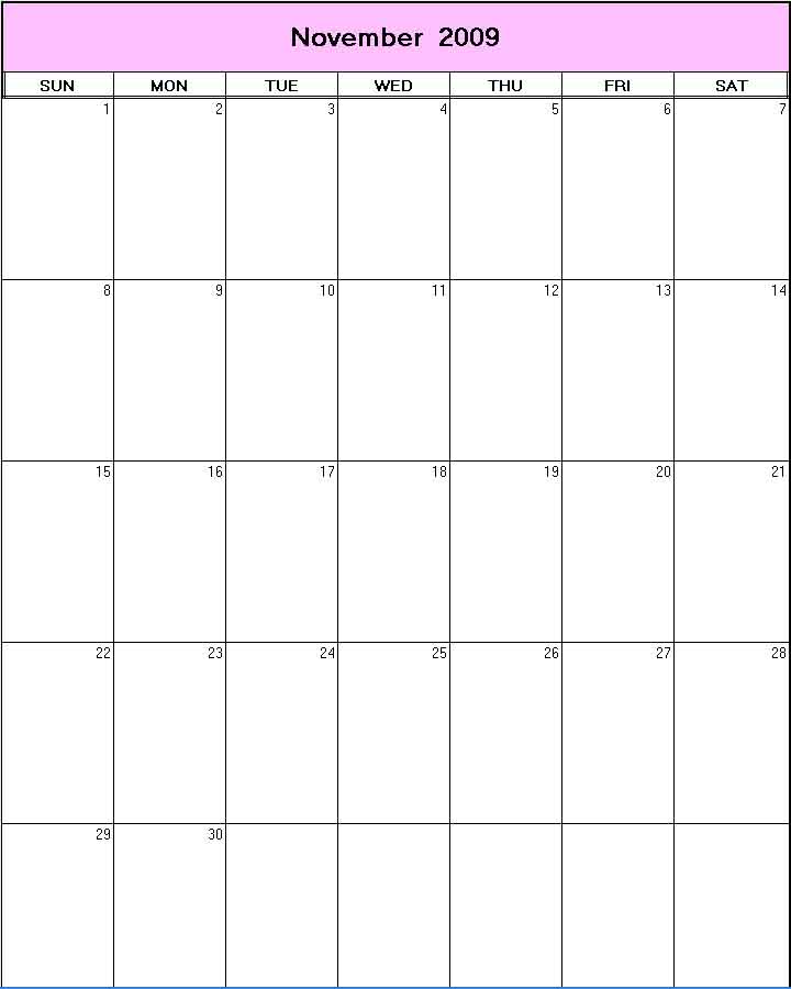printable blank calendar image for November 2009