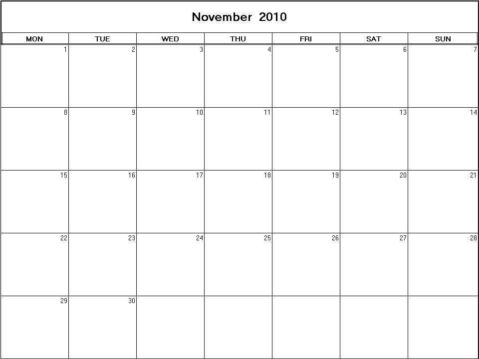 printable blank calendar image for November 2010