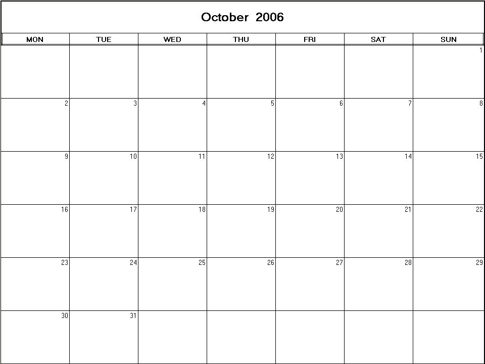 printable blank calendar image for October 2006