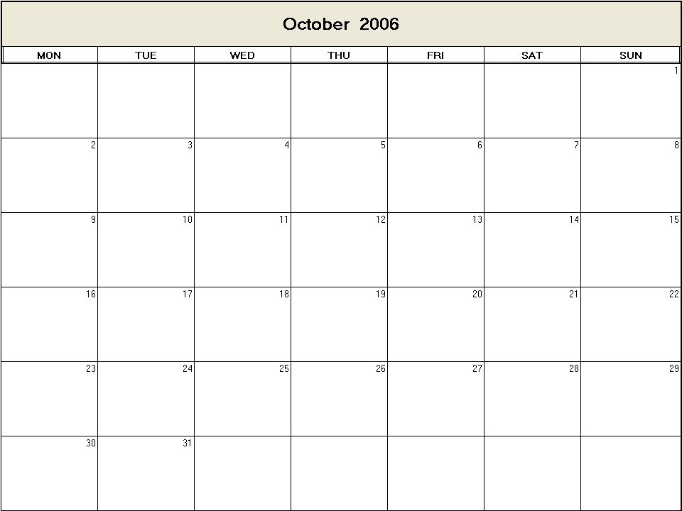 printable blank calendar image for October 2006