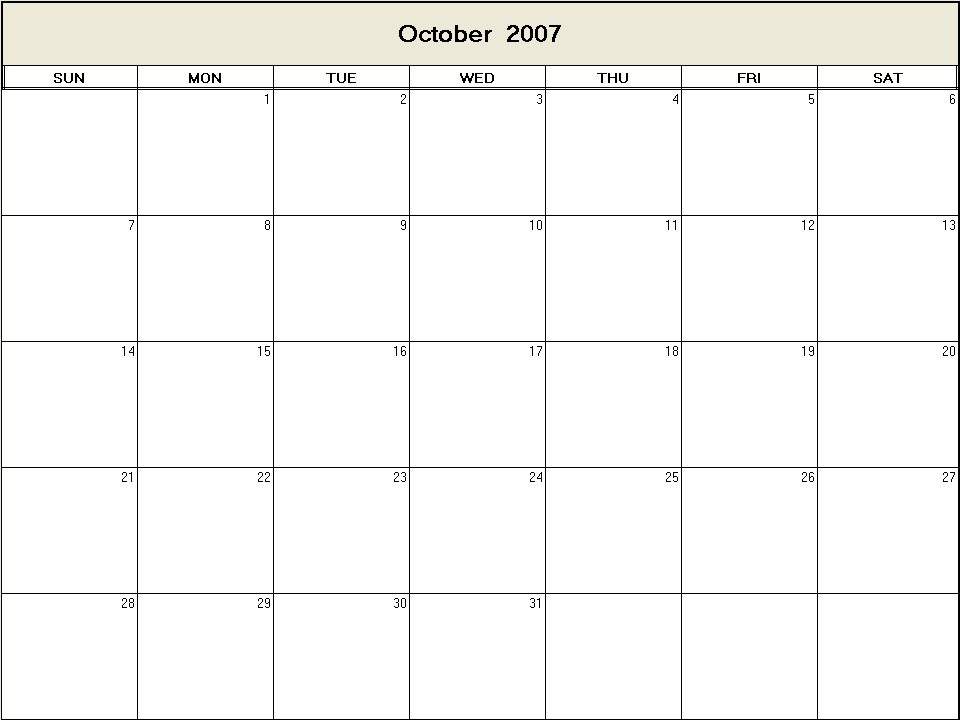 printable blank calendar image for October 2007