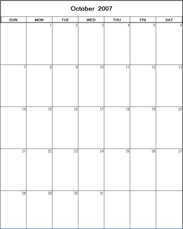 printable blank calendar image for October 2007