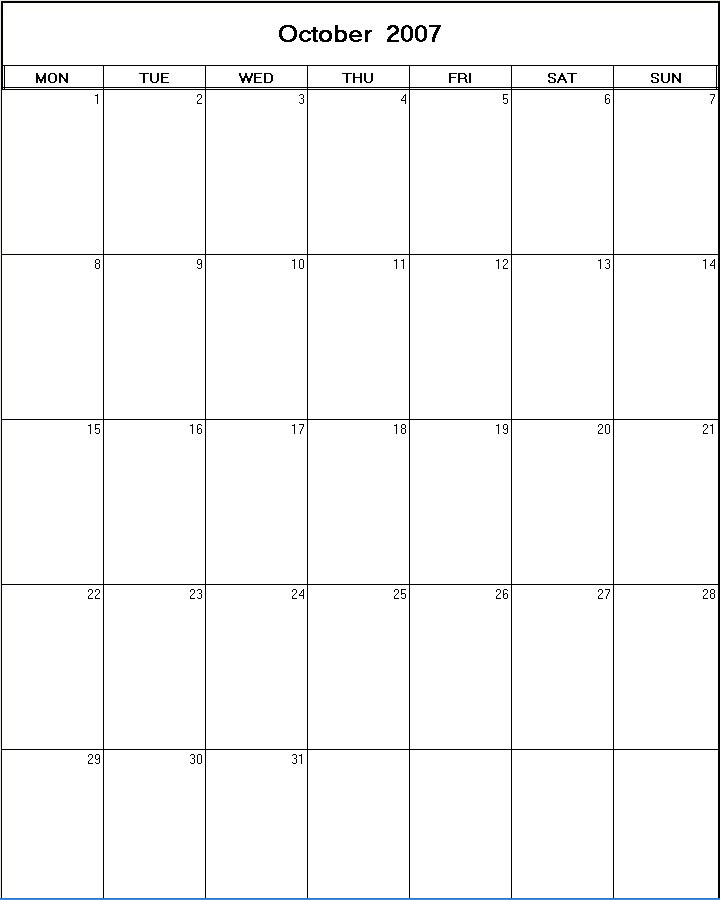printable blank calendar image for October 2007