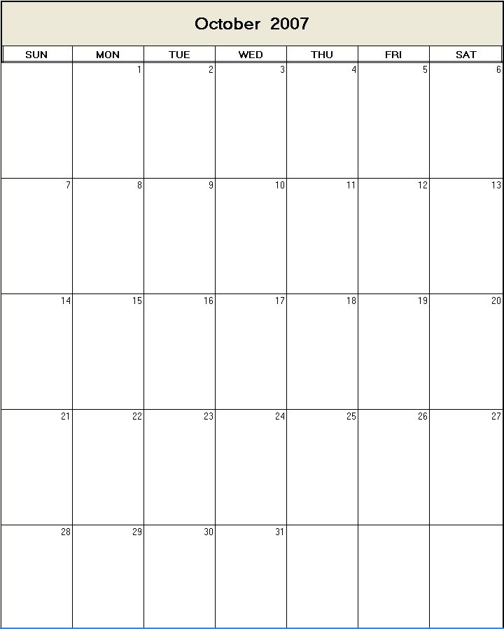 printable blank calendar image for October 2007