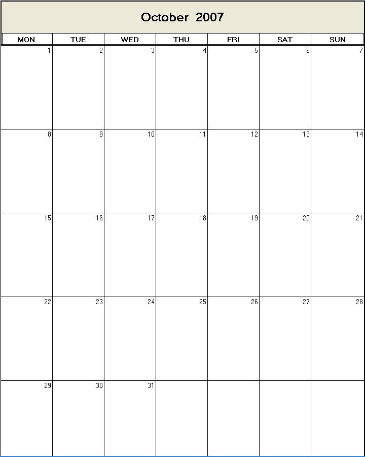printable blank calendar image for October 2007