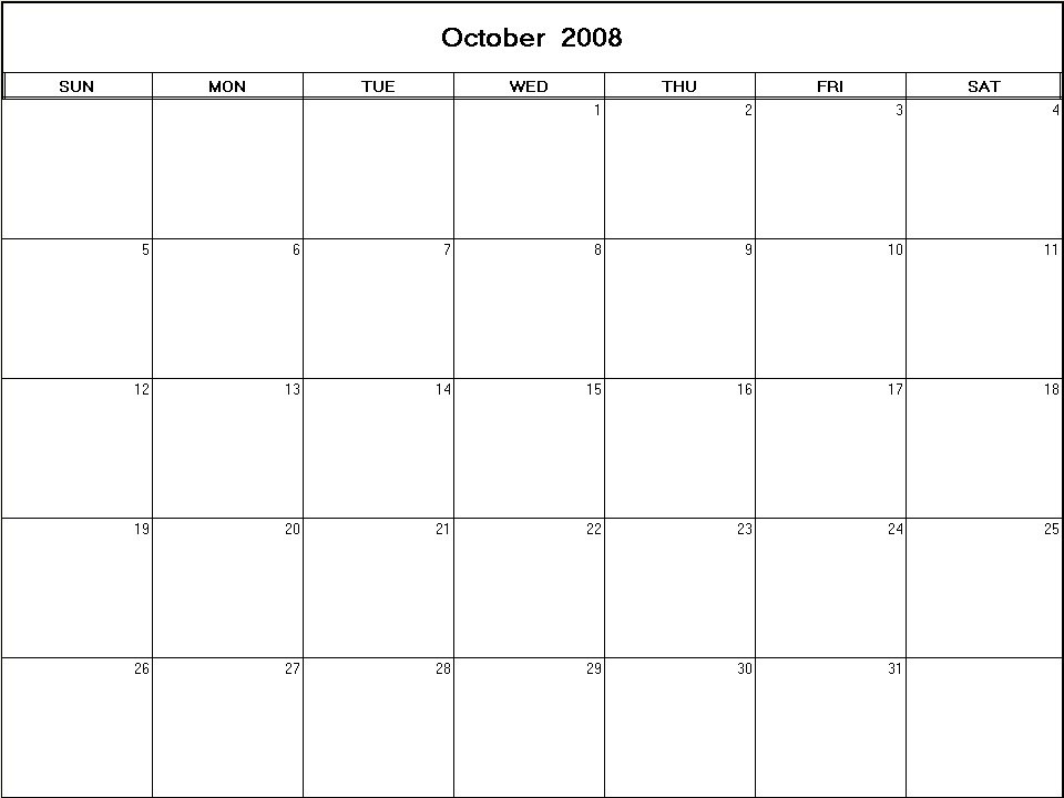 printable blank calendar image for October 2008