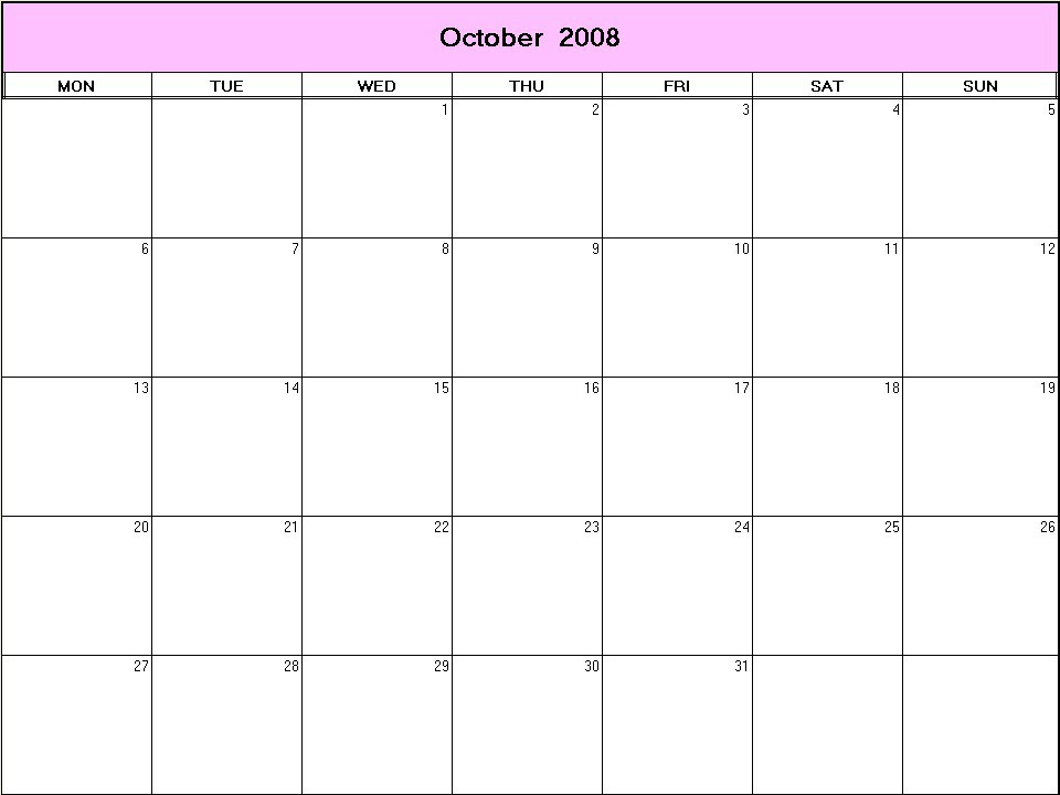 printable blank calendar image for October 2008