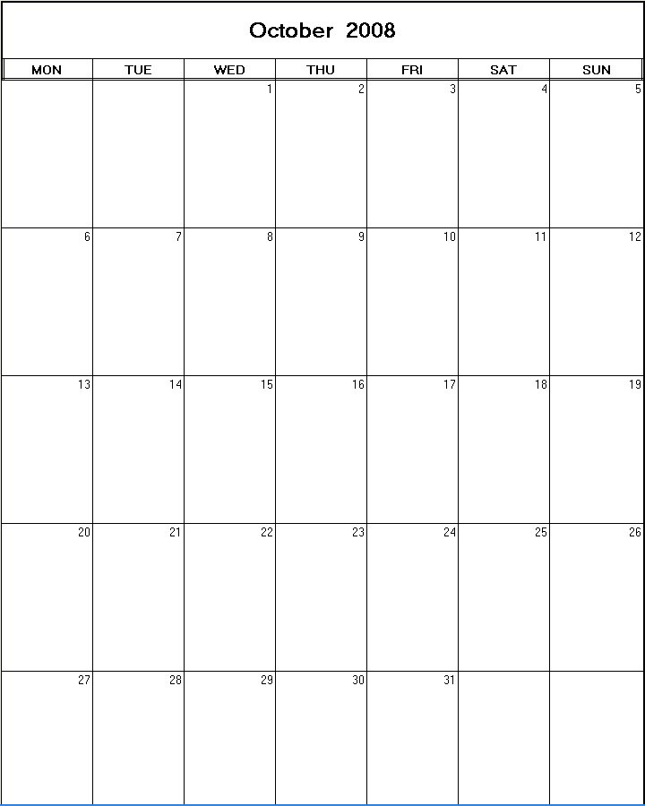 printable blank calendar image for October 2008