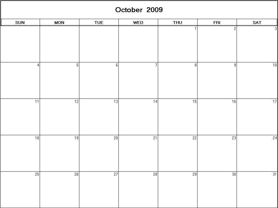 printable blank calendar image for October 2009