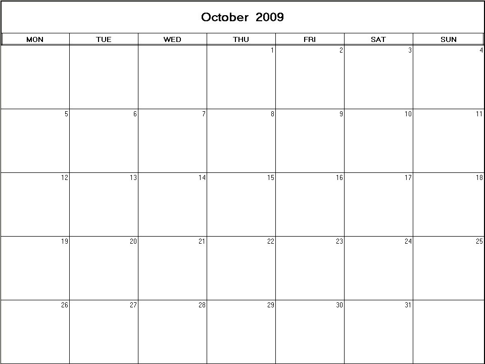 printable blank calendar image for October 2009
