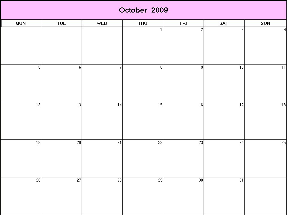 printable blank calendar image for October 2009