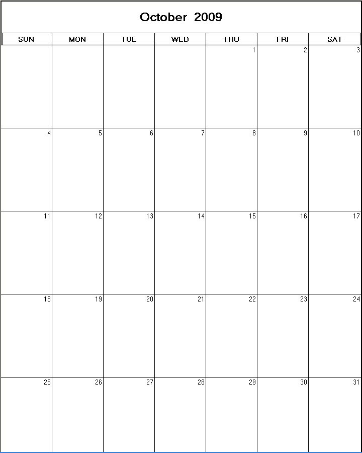 printable blank calendar image for October 2009
