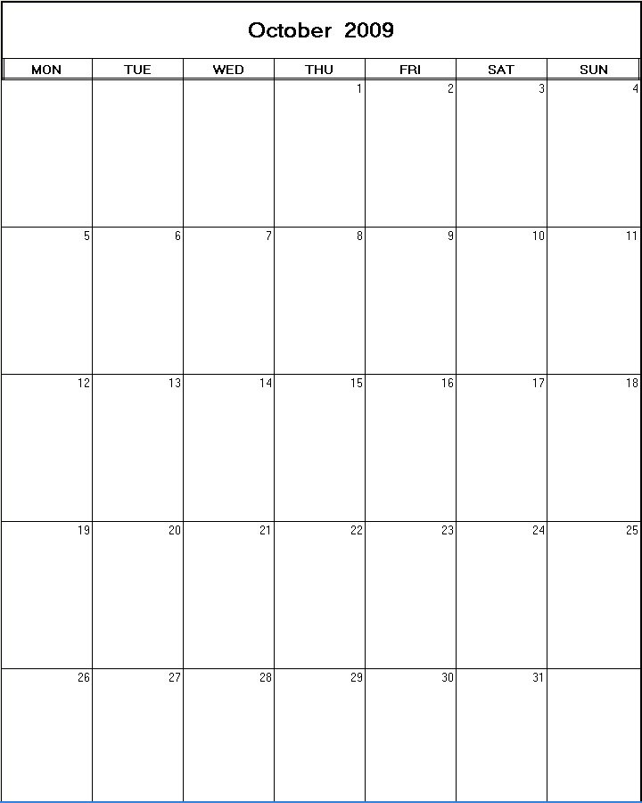printable blank calendar image for October 2009