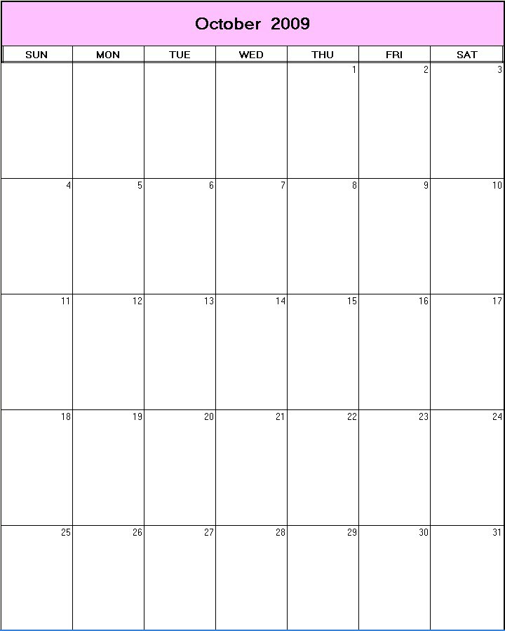 printable blank calendar image for October 2009