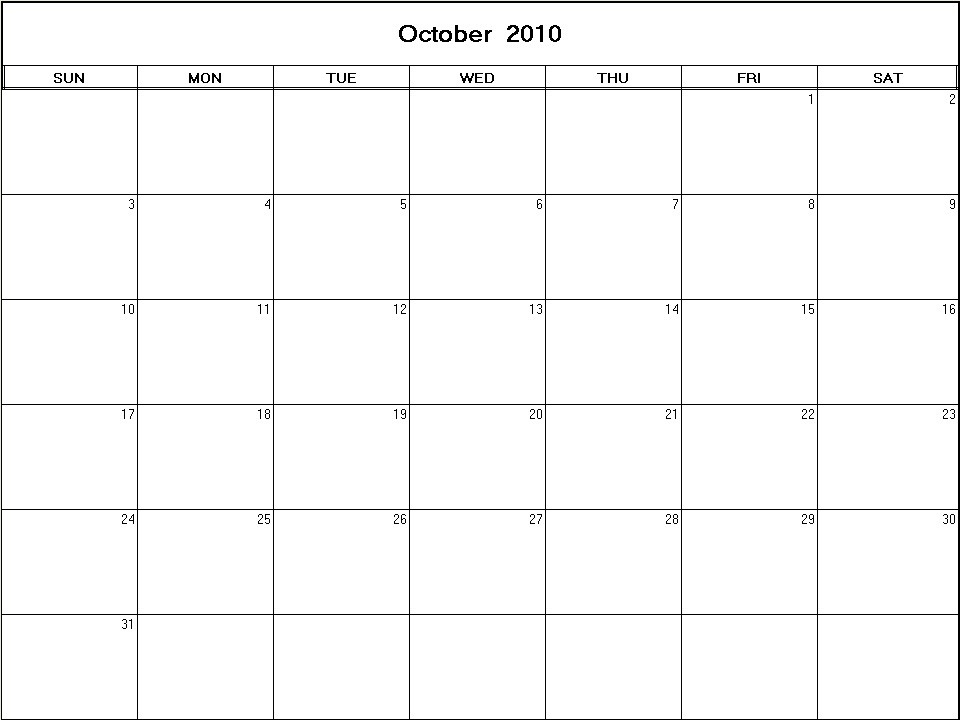 printable blank calendar image for October 2010