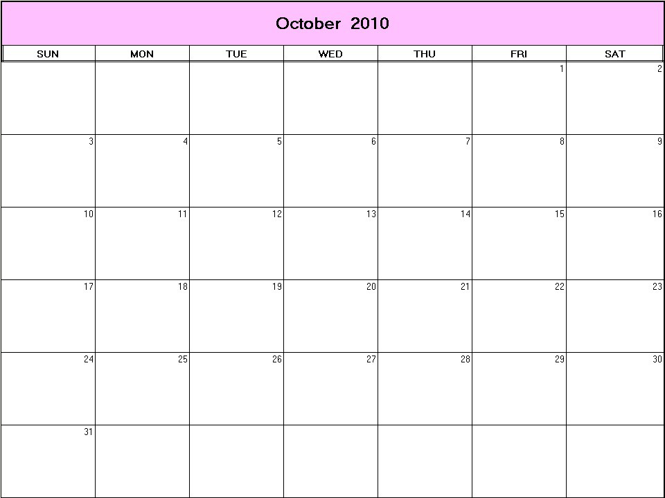 printable blank calendar image for October 2010