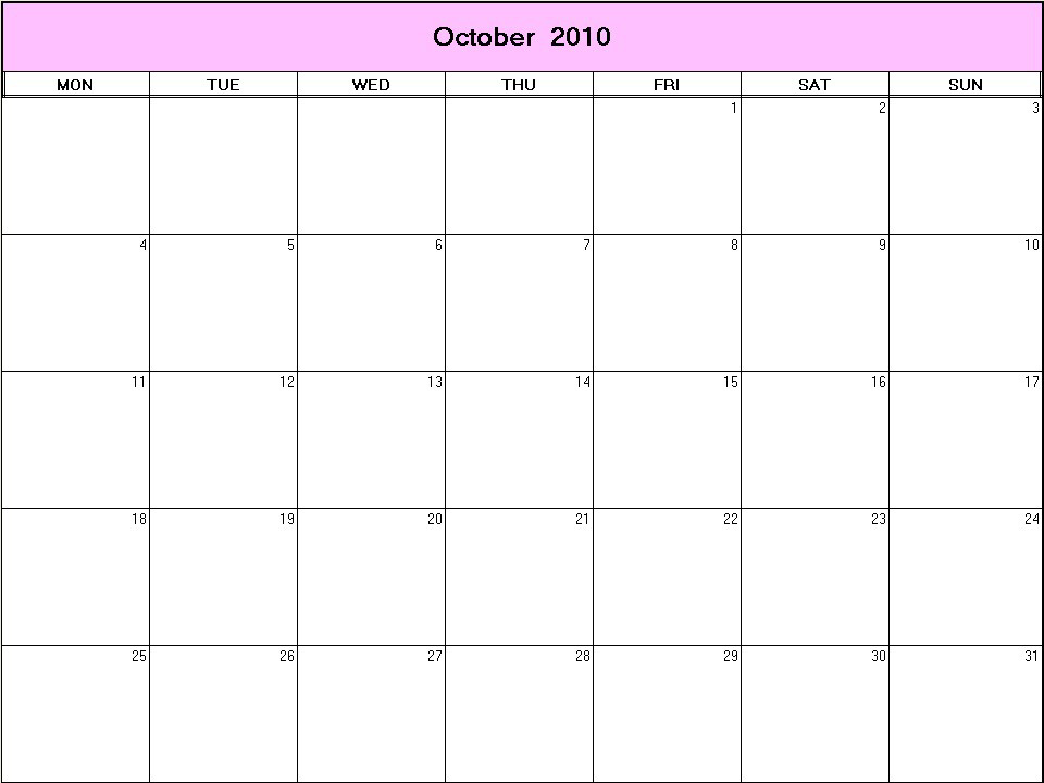 printable blank calendar image for October 2010