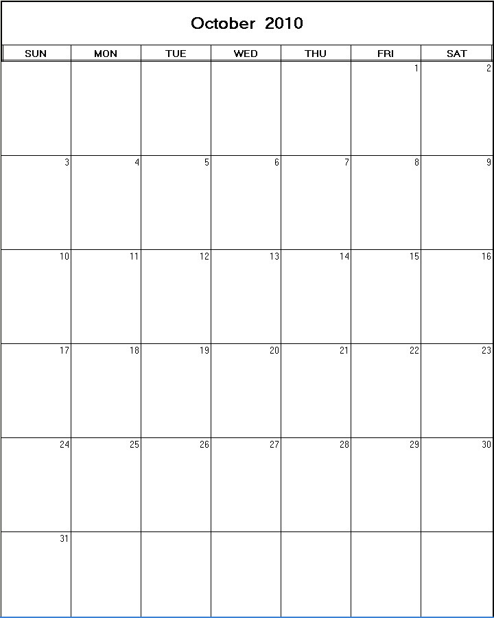 printable blank calendar image for October 2010