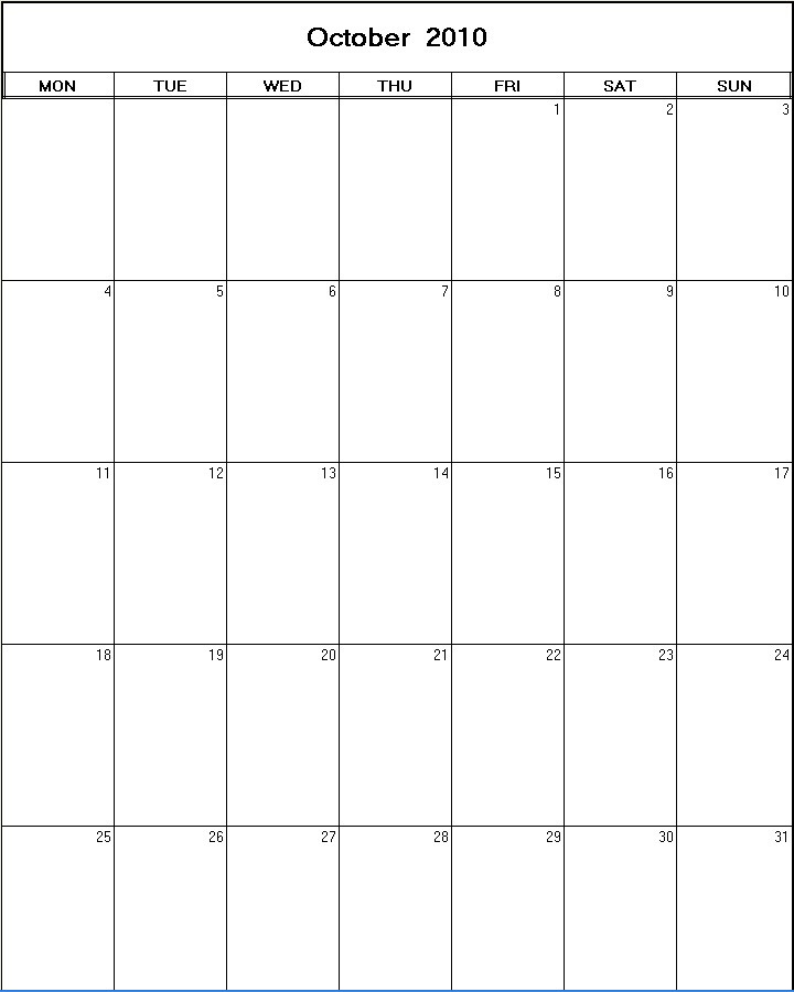 printable blank calendar image for October 2010