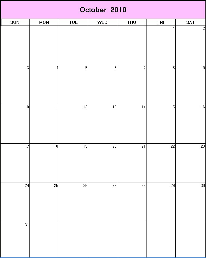 printable blank calendar image for October 2010
