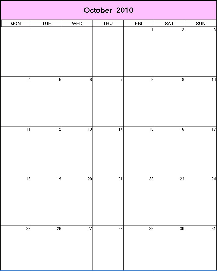 printable blank calendar image for October 2010