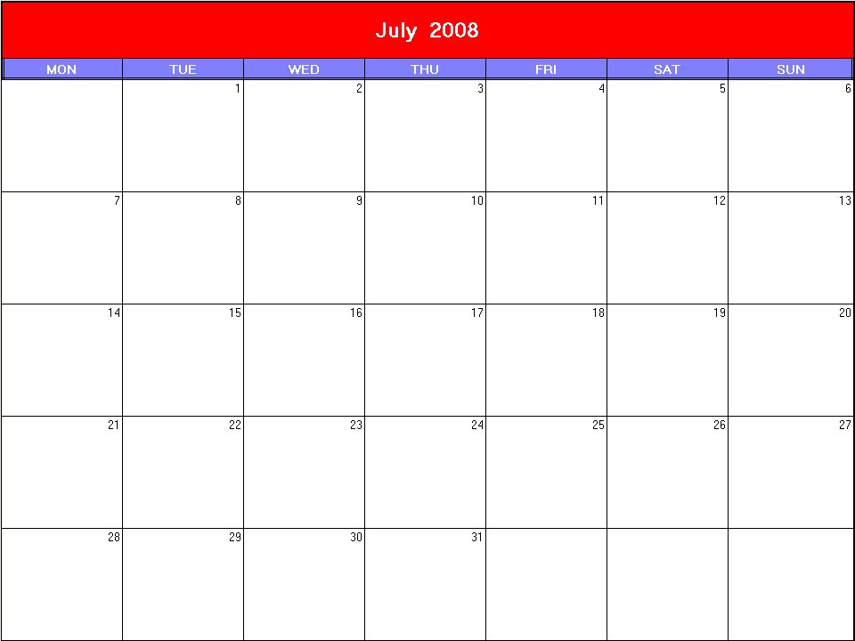 printable blank calendar image for Patriotic 2008