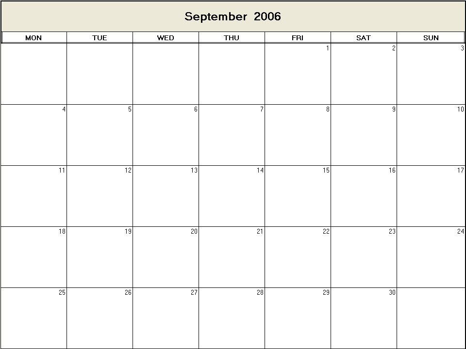 printable blank calendar image for September 2006