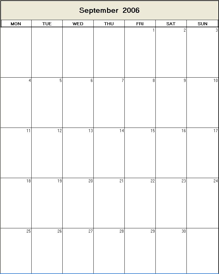 printable blank calendar image for September 2006