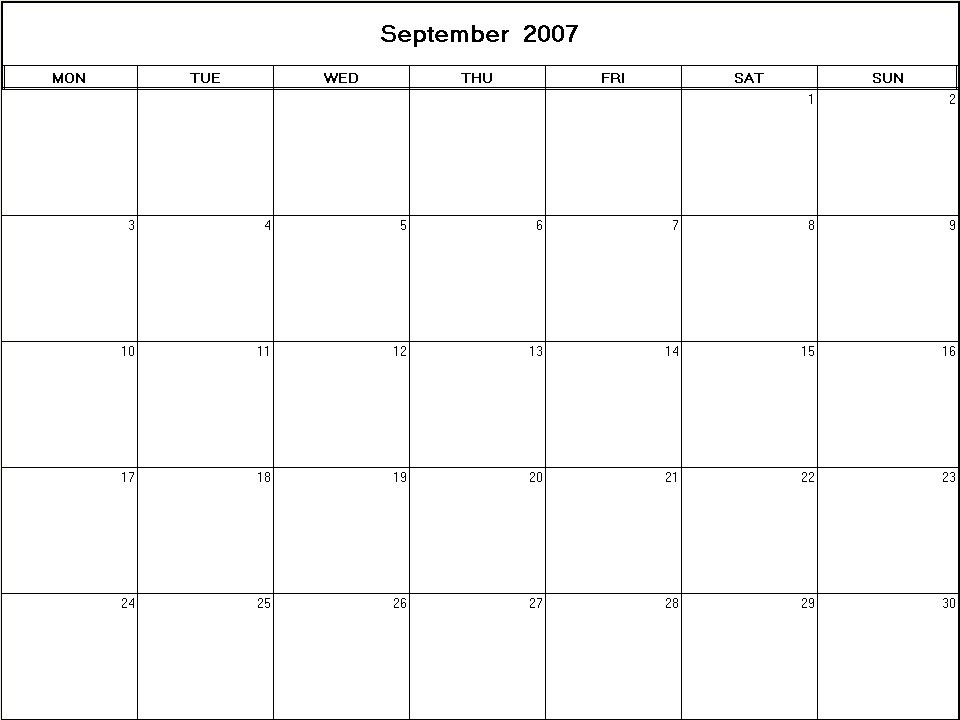 printable blank calendar image for September 2007
