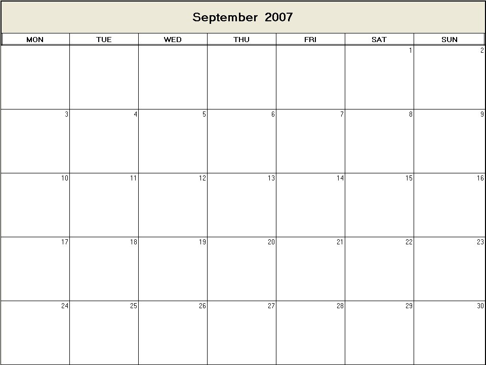 printable blank calendar image for September 2007