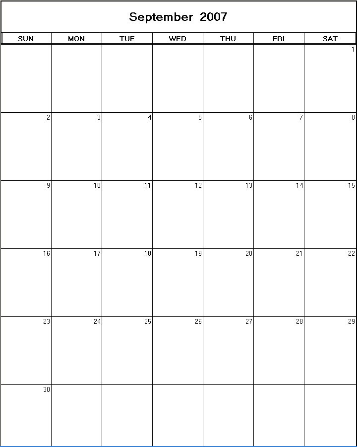 printable blank calendar image for September 2007