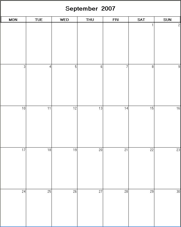 printable blank calendar image for September 2007