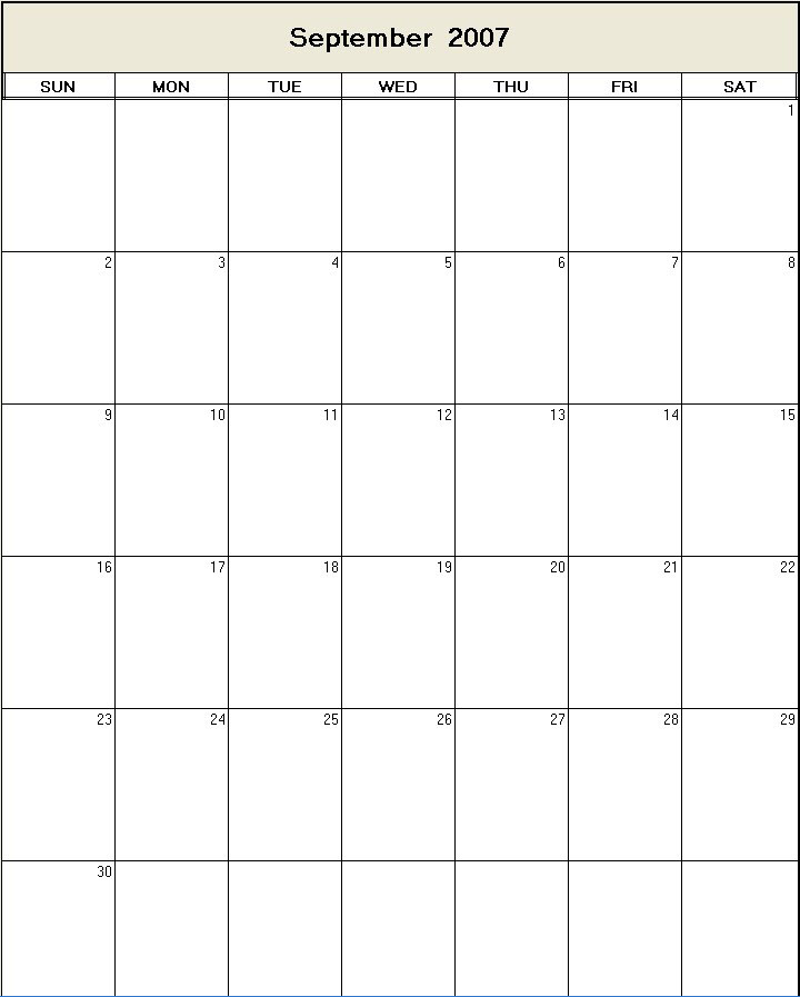 printable blank calendar image for September 2007
