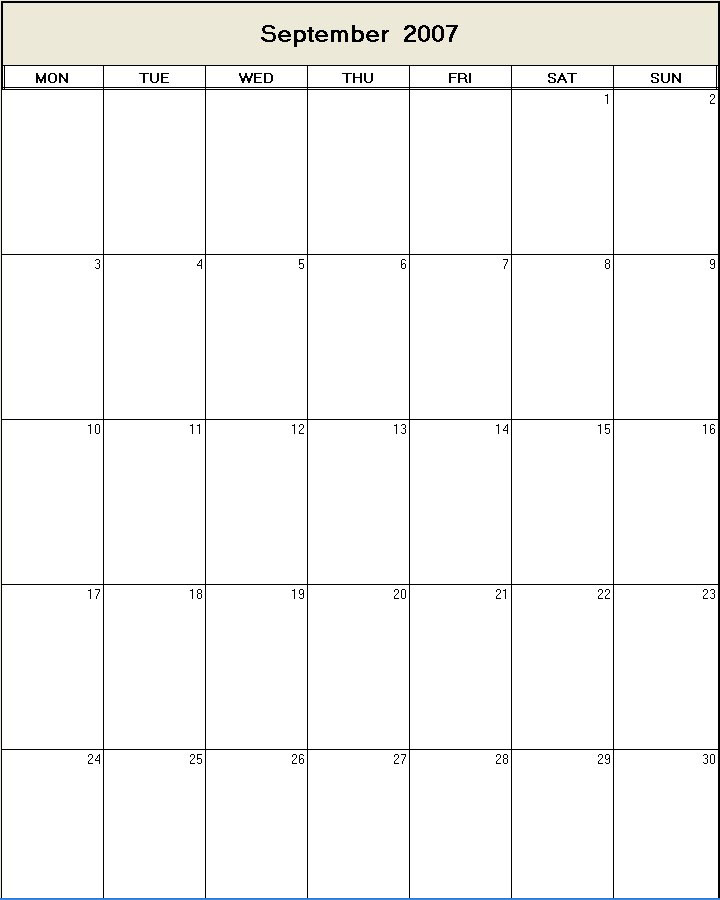printable blank calendar image for September 2007