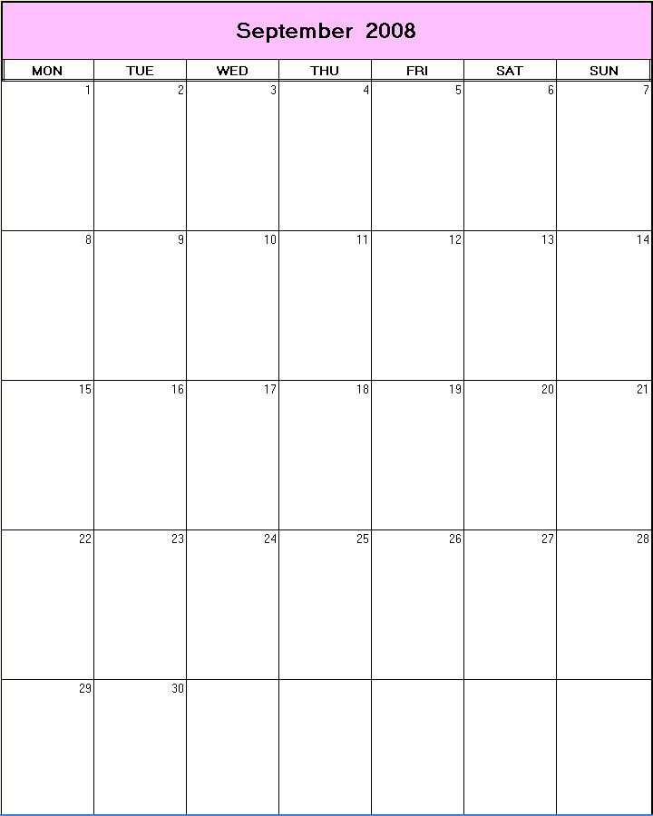 printable blank calendar image for September 2008