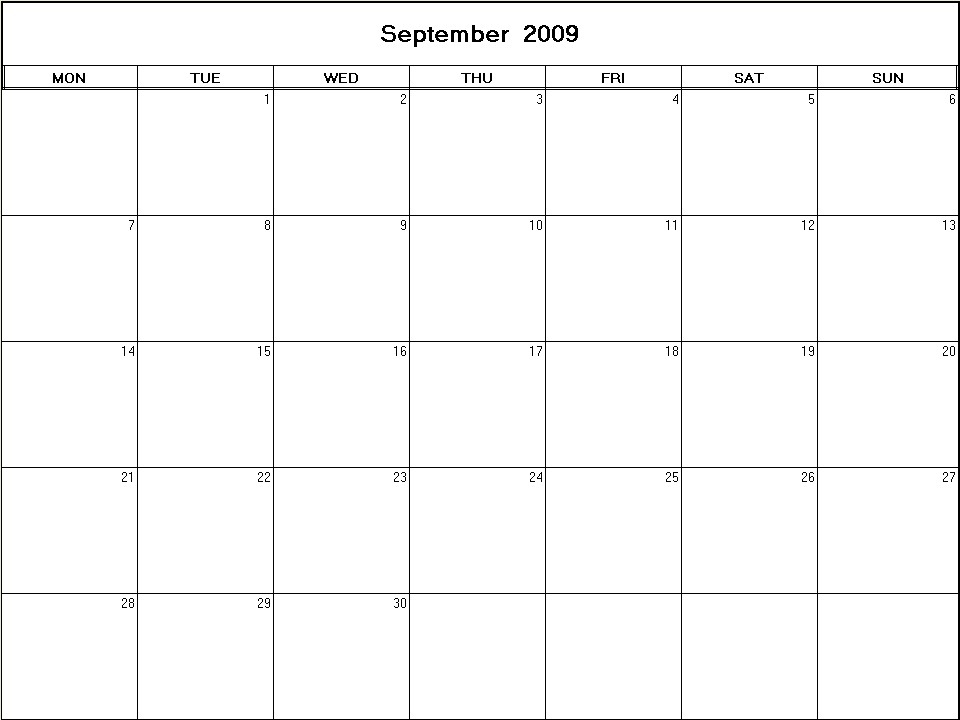 printable blank calendar image for September 2009