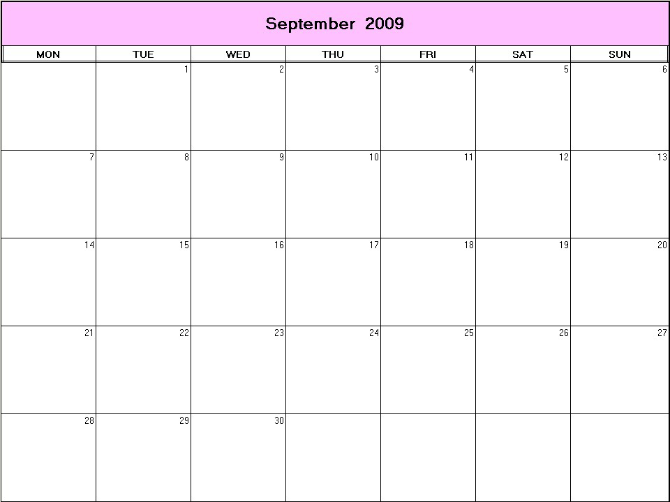 printable blank calendar image for September 2009