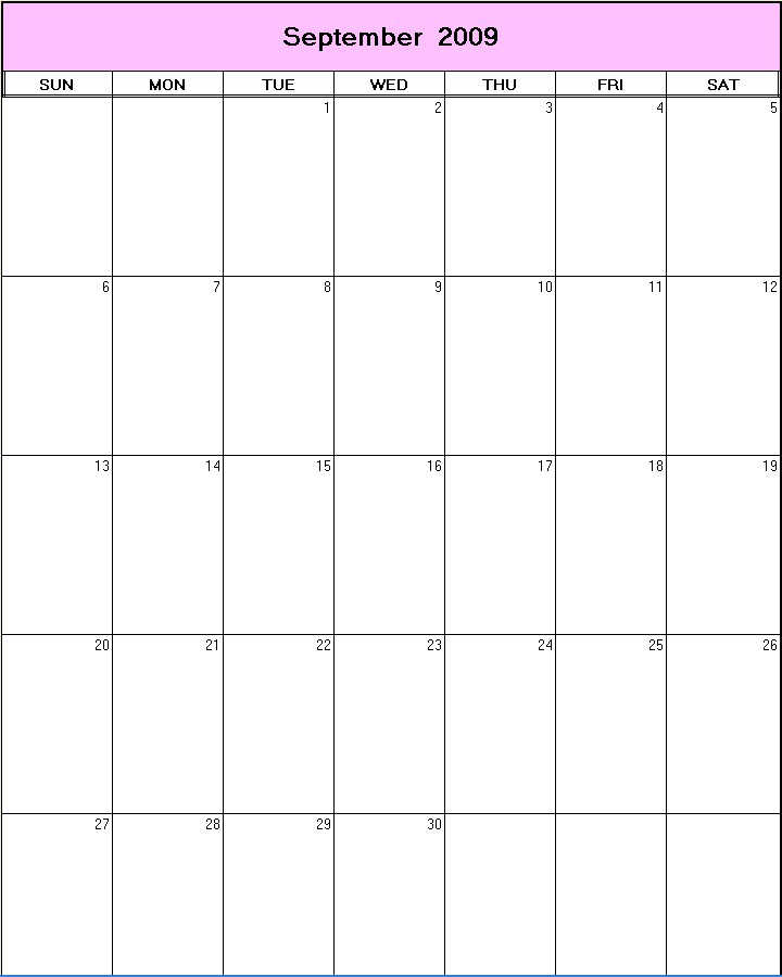 printable blank calendar image for September 2009