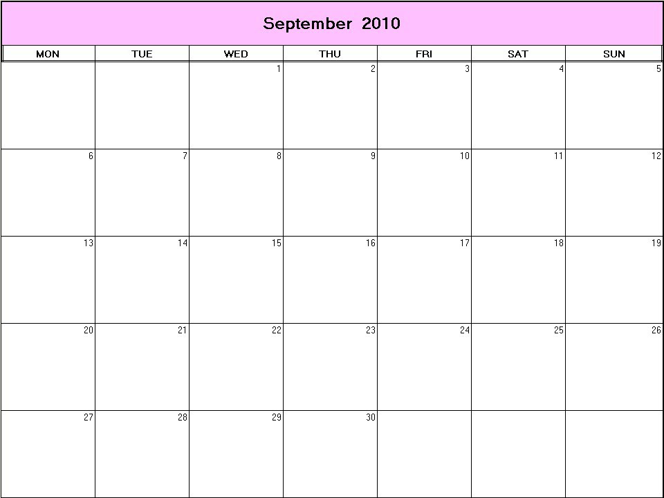 printable blank calendar image for September 2010