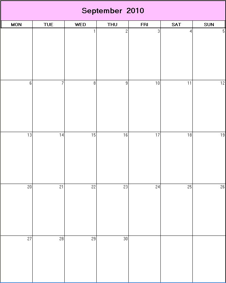 printable blank calendar image for September 2010