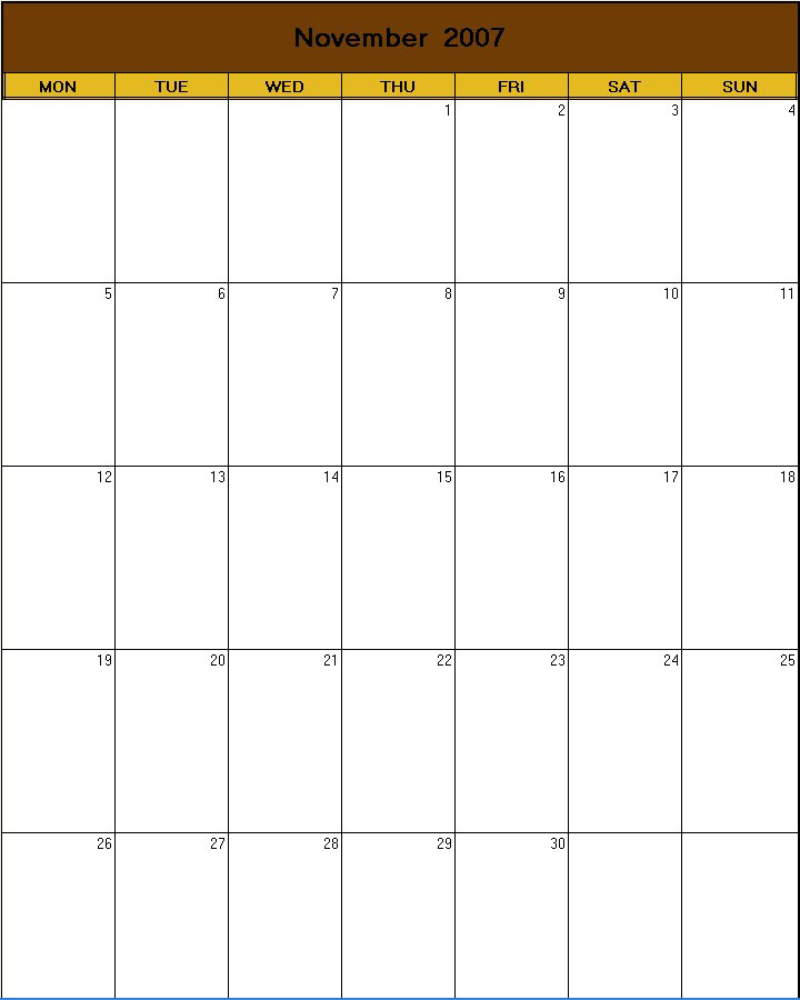 printable blank calendar image for Thanksgiving 2007