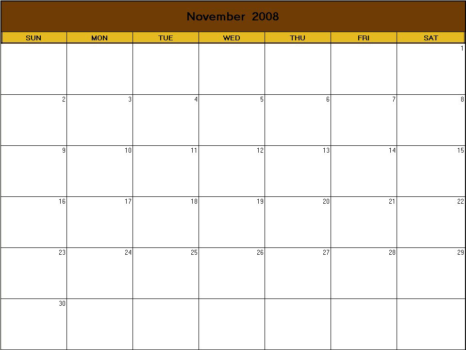 printable blank calendar image for Thanksgiving 2008