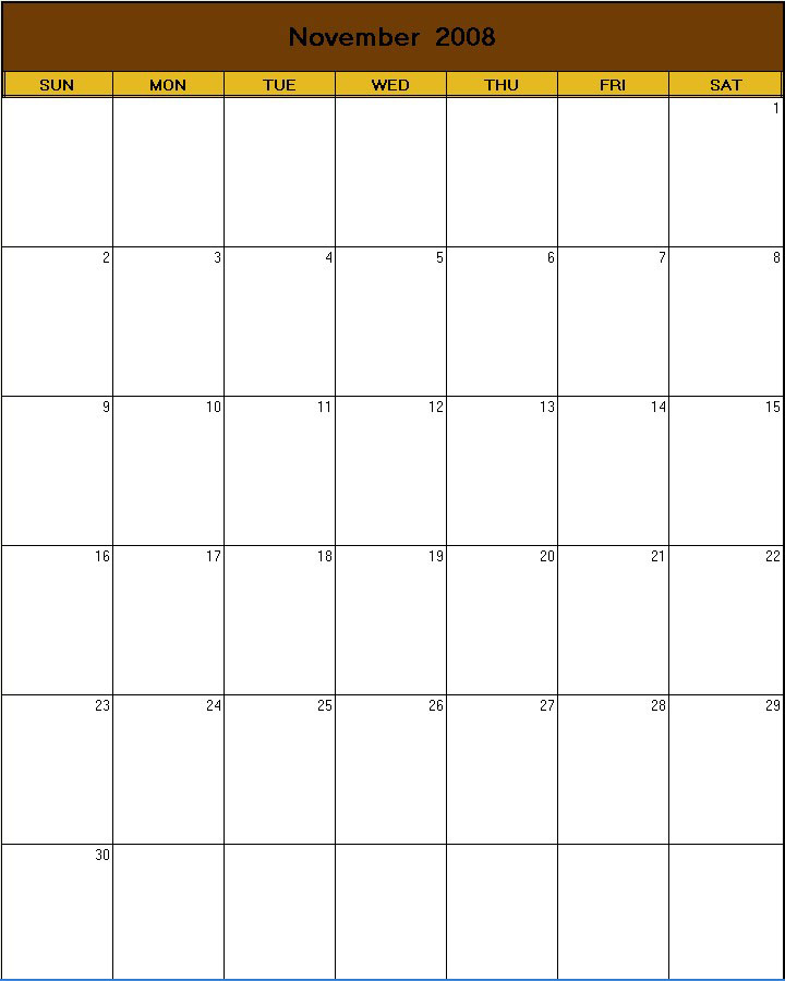 printable blank calendar image for Thanksgiving 2008