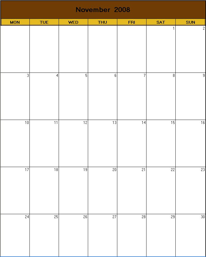 printable blank calendar image for Thanksgiving 2008